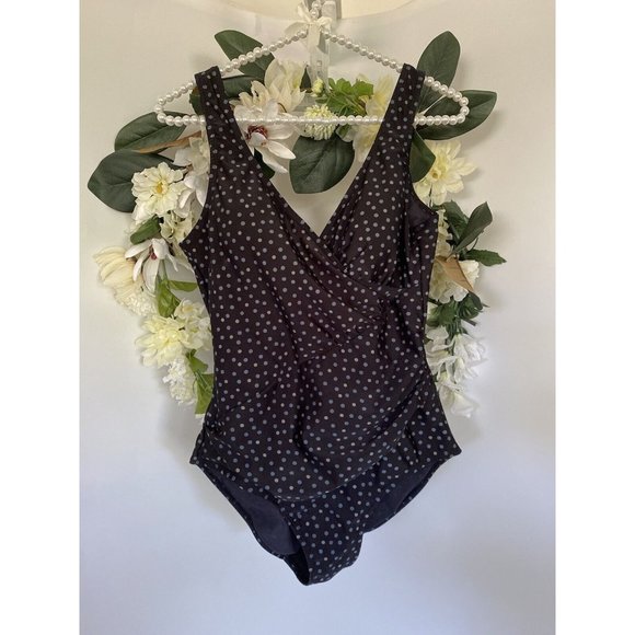 Snozu Vtg Black Polka Dot Stretch Nylon Slimming Ruched One Piece Swimsuit Sz 10 - Picture 1 of 12